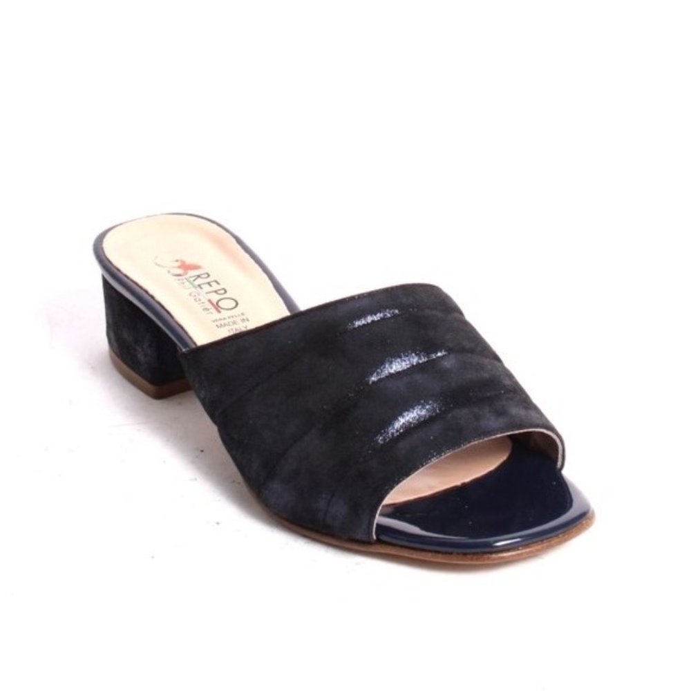 ITALIAN Navy Nubuck Leather Slides Heels Sandals - Picture 1 of 8